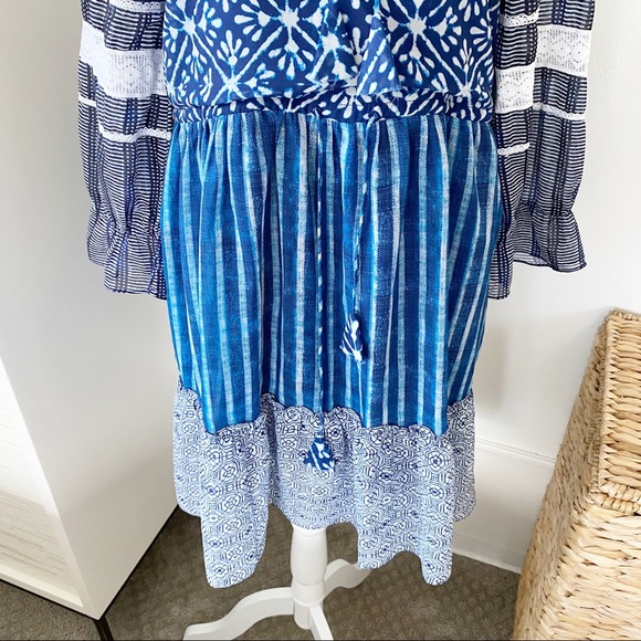 Hemant & Nandita Susan Indigo Dress Long Sheer Sleeve Gorgeous Mixed Boho Print - Picture 3 of 15